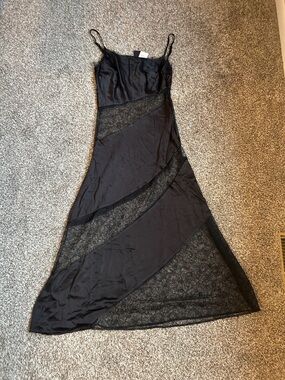 NWT Ahiri Genevieve Black Maxi Slip Dress with Lace Insets
